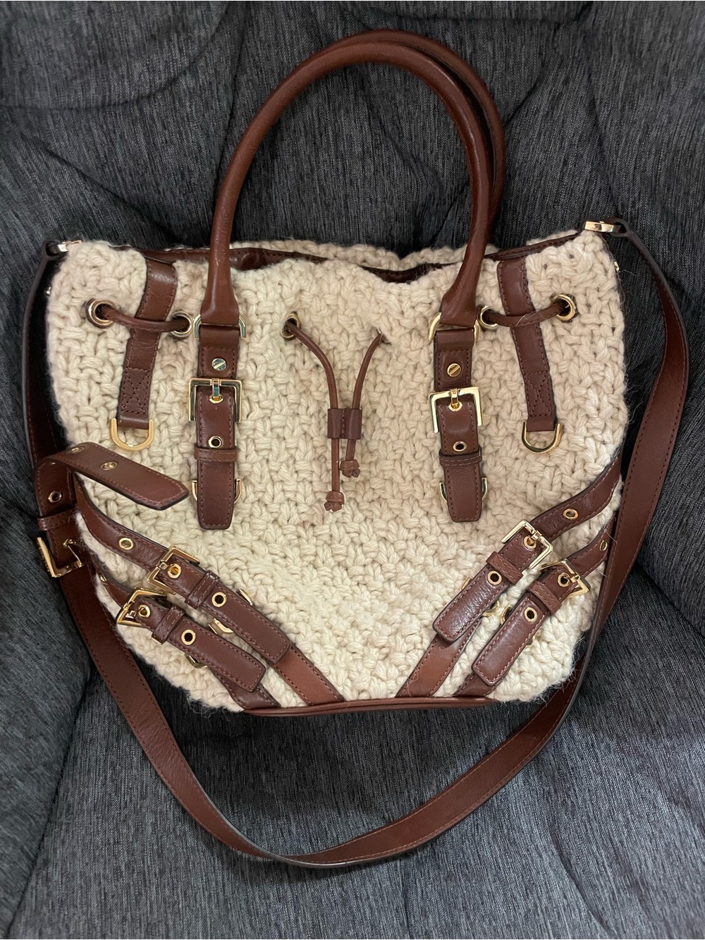 Michael Kors Large Tote Drawstring Buckle Accent Cream Brown Gold Hardware